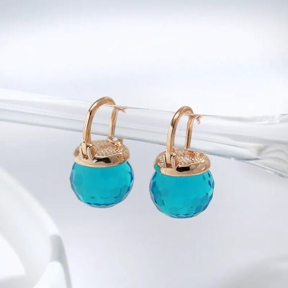 Spherical Faceted Crystal London Blue Topaz Rose Gold Tone Huggy Earrings - Picture 4 of 5